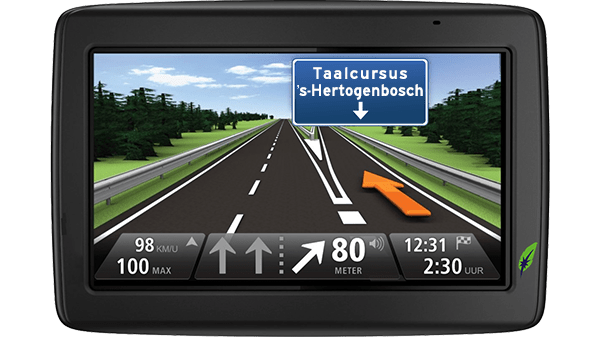 Screenshot navigatiesysteem met tekst Taalcursus ’s-Hertogenbosch aangegeven - in kleur op transparante achtergrond - 600 * 337 pixels